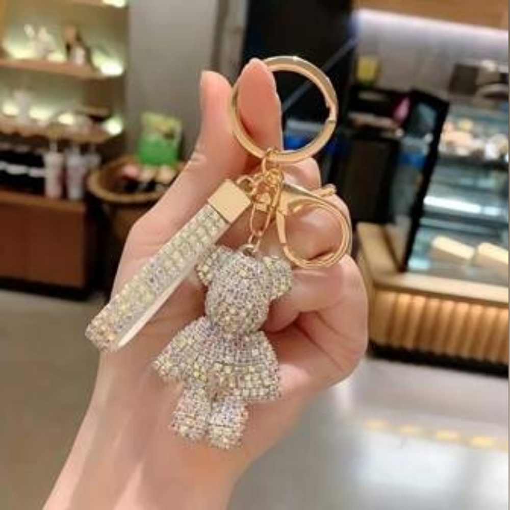 Silver Rhinestone Bear Keychain with Gold Accents